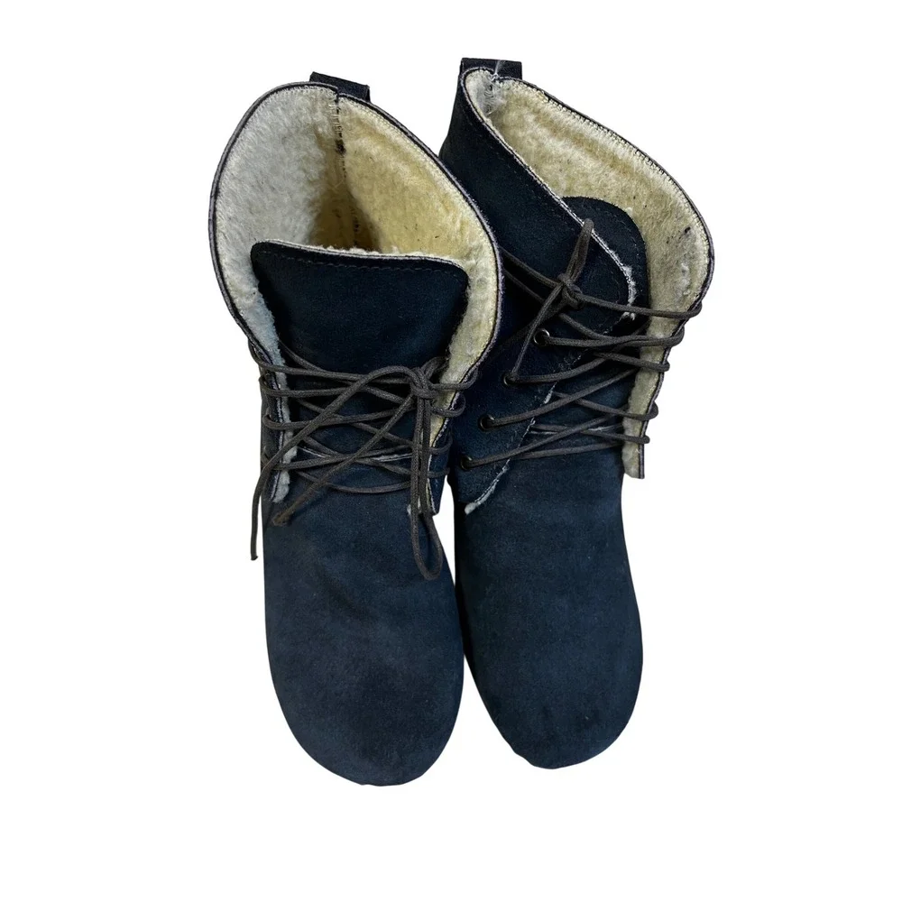 No.6 Suede Clog‎ Boots Women 39 Navy Blue Good Shearling Lined Lace Up Wood Heel
